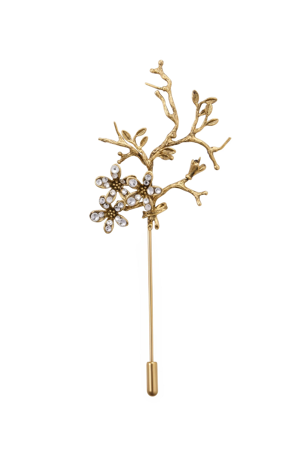 Gold branch-shaped lapel pin with floral motif, clear gemstone accents, sculpted metal; front view on white.