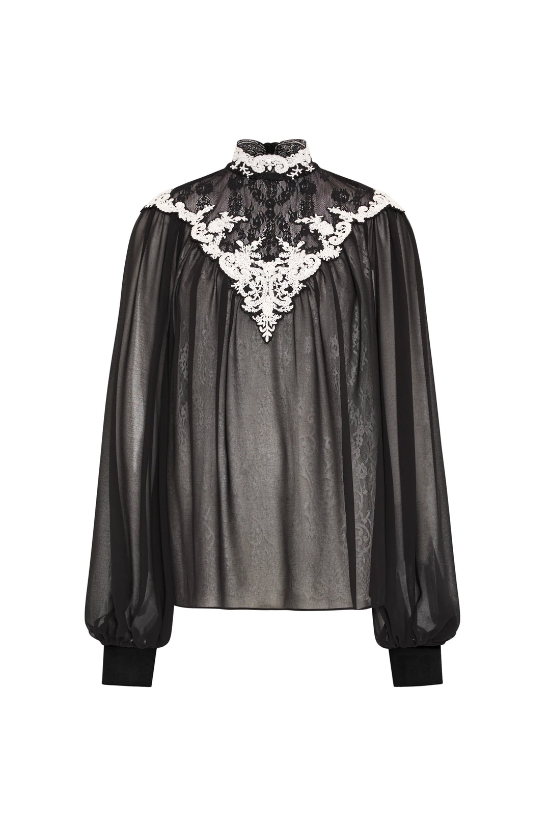 Sheer blouse with long sleeves, chest lace panel, white floral-trim collar; front view on white.