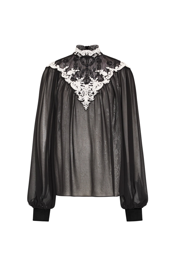 Sheer blouse with long sleeves, chest lace panel, white floral-trim collar; front view on white.