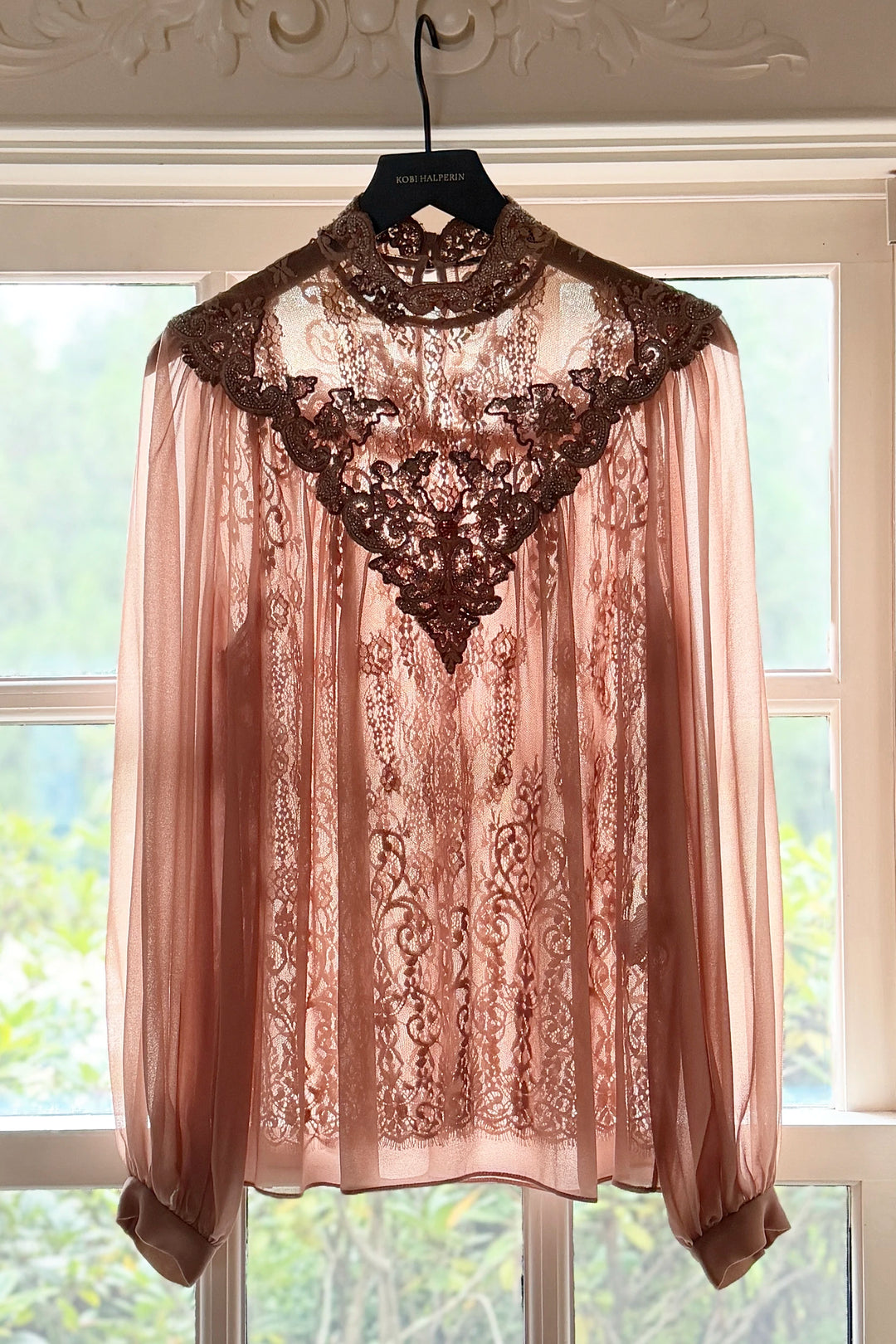 Sheer blouse with long sleeves, antique lace details, soft silhouette; front view on white.