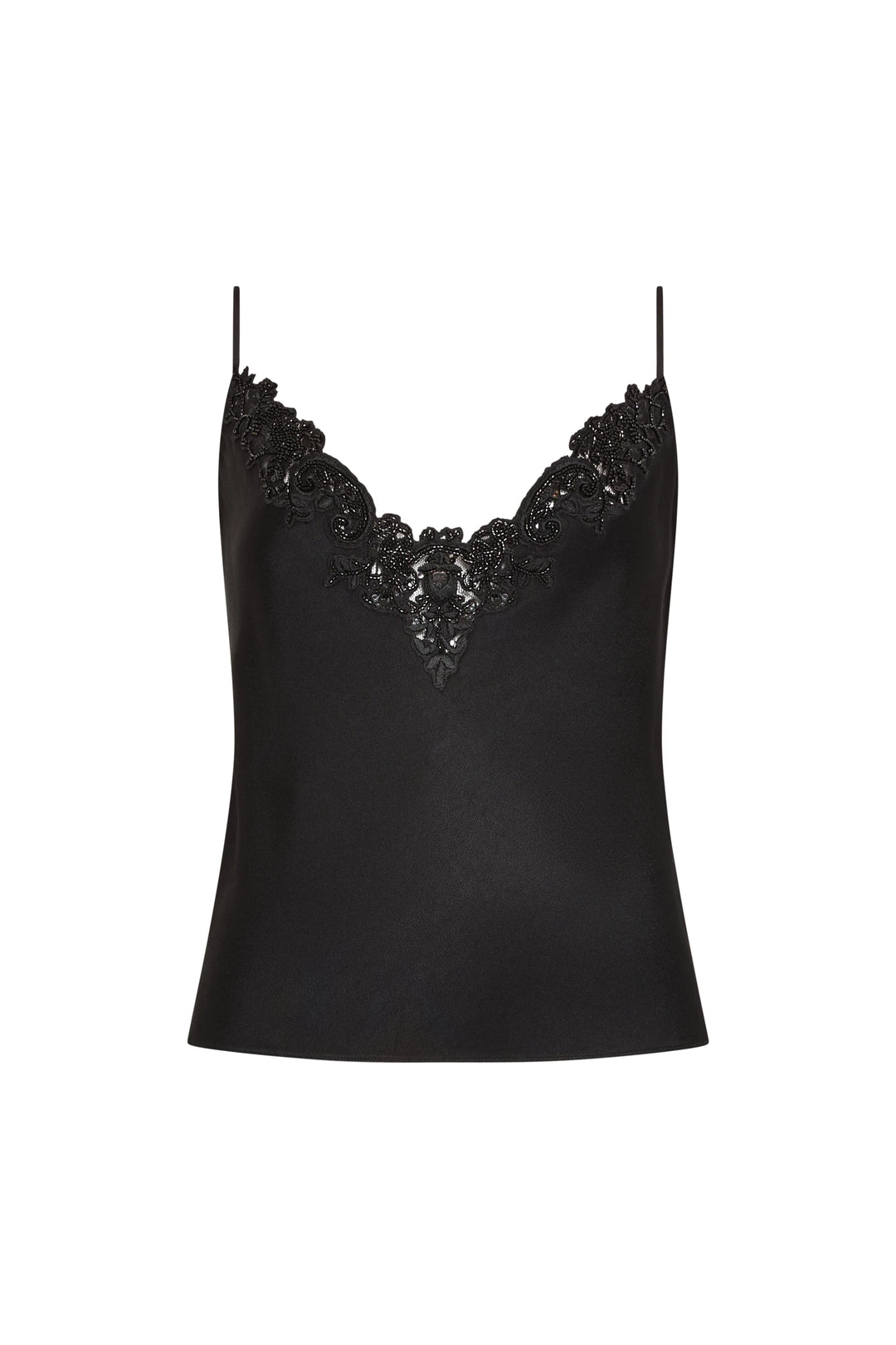 Camille Cami in satin with thin straps, V-neckline, and floral lace trim; fitted silhouette, front view on white.