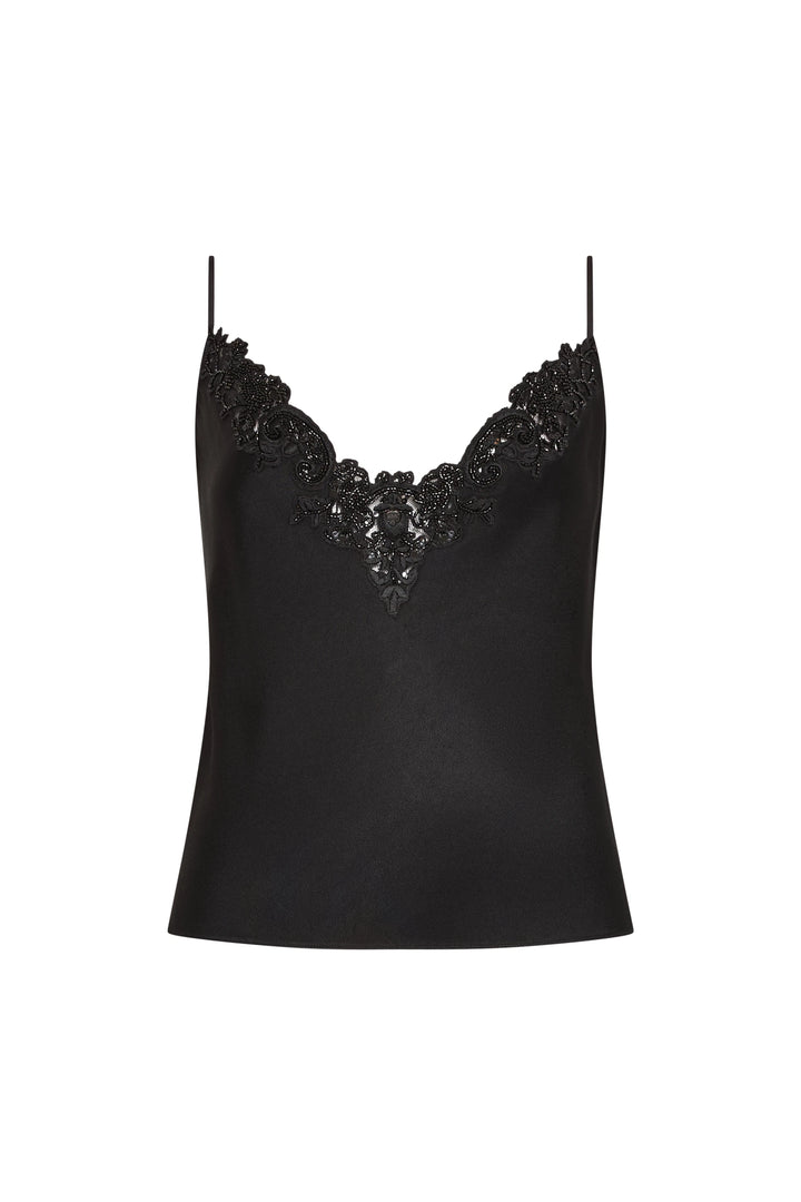 Camille Cami in satin with thin straps, V-neckline, and floral lace trim; fitted silhouette, front view on white.