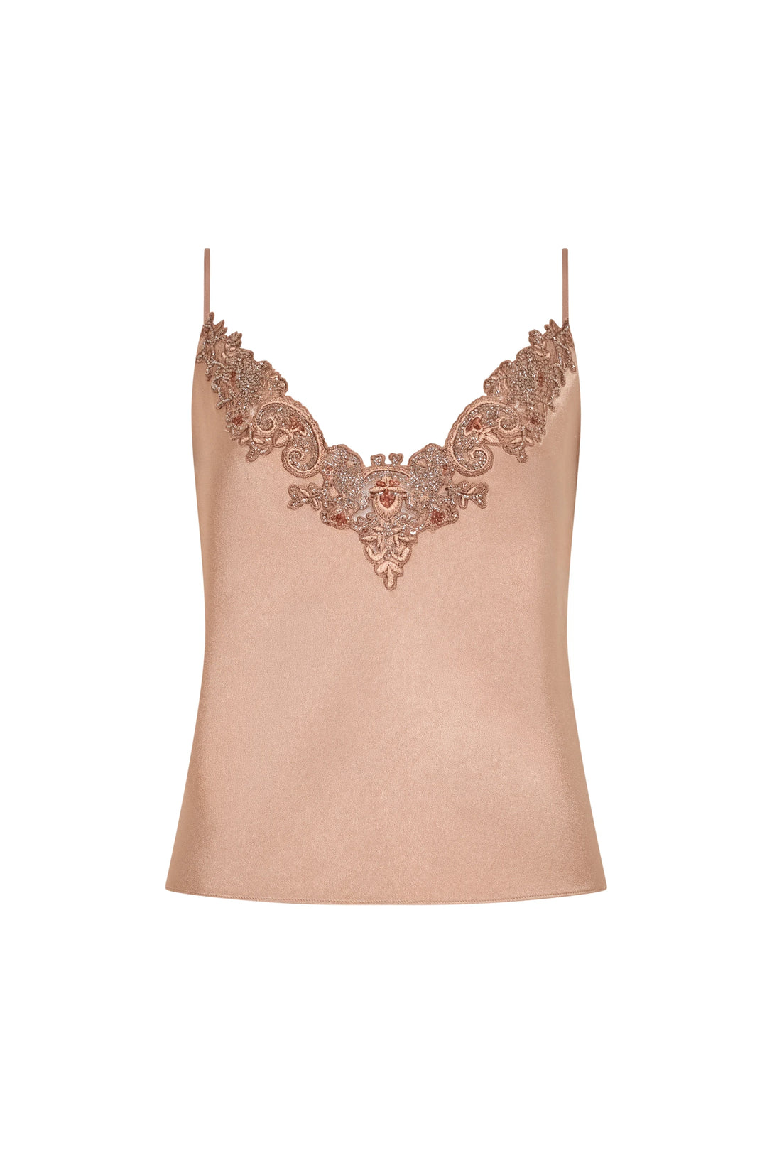 Satin-back crepe camisole, lace-trimmed neckline, spaghetti straps, bias-cut slim silhouette; front view on white.