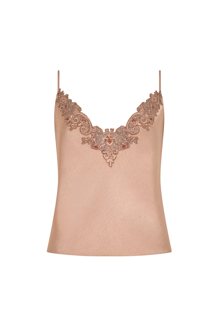 Satin-back crepe camisole, lace-trimmed neckline, spaghetti straps, bias-cut slim silhouette; front view on white.