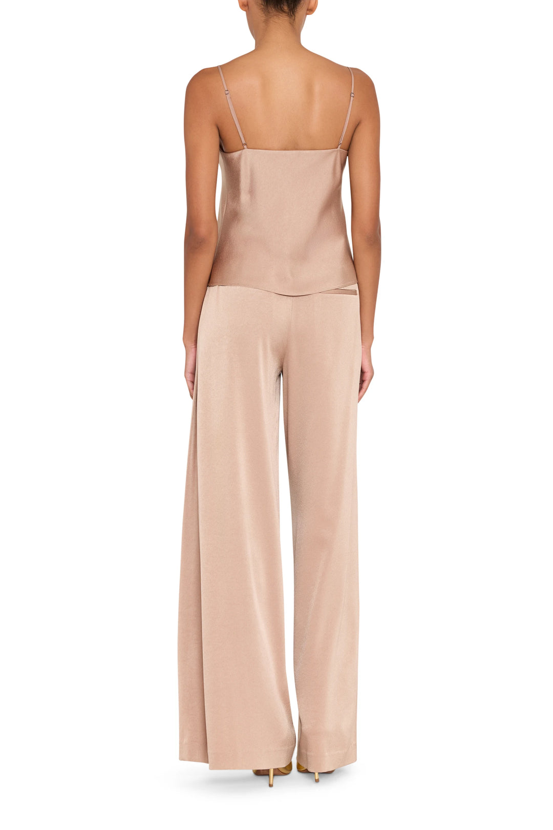 Wide-leg pants with hand-embroidered details, structured silhouette; back view on model.