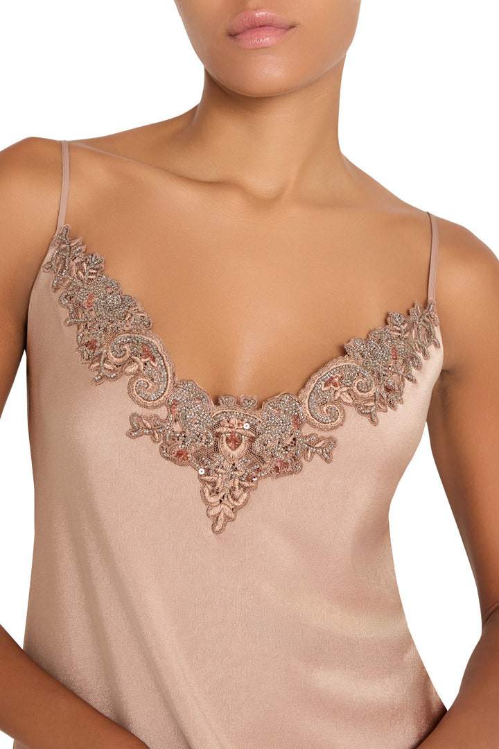 Sleeveless satin-back crepe cami with lace and sequin-embroidered neckline, fluid fit, front view on model.