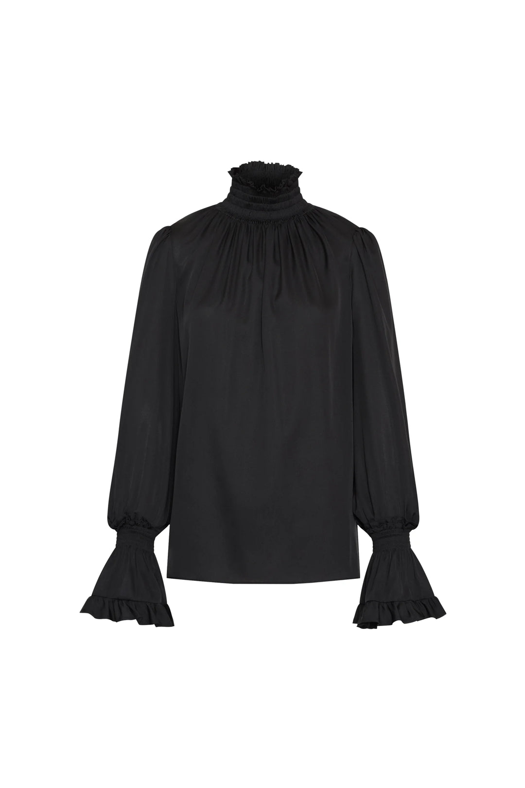 Maxine Silk High Neck Blouse in black with smocked neckline and tiered flared cuffs, front view on white.