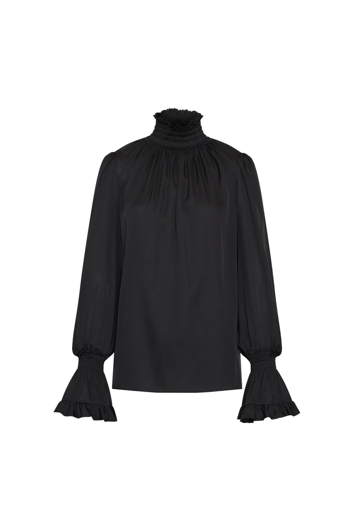 Maxine Silk High Neck Blouse in black with smocked neckline and tiered flared cuffs, front view on white.