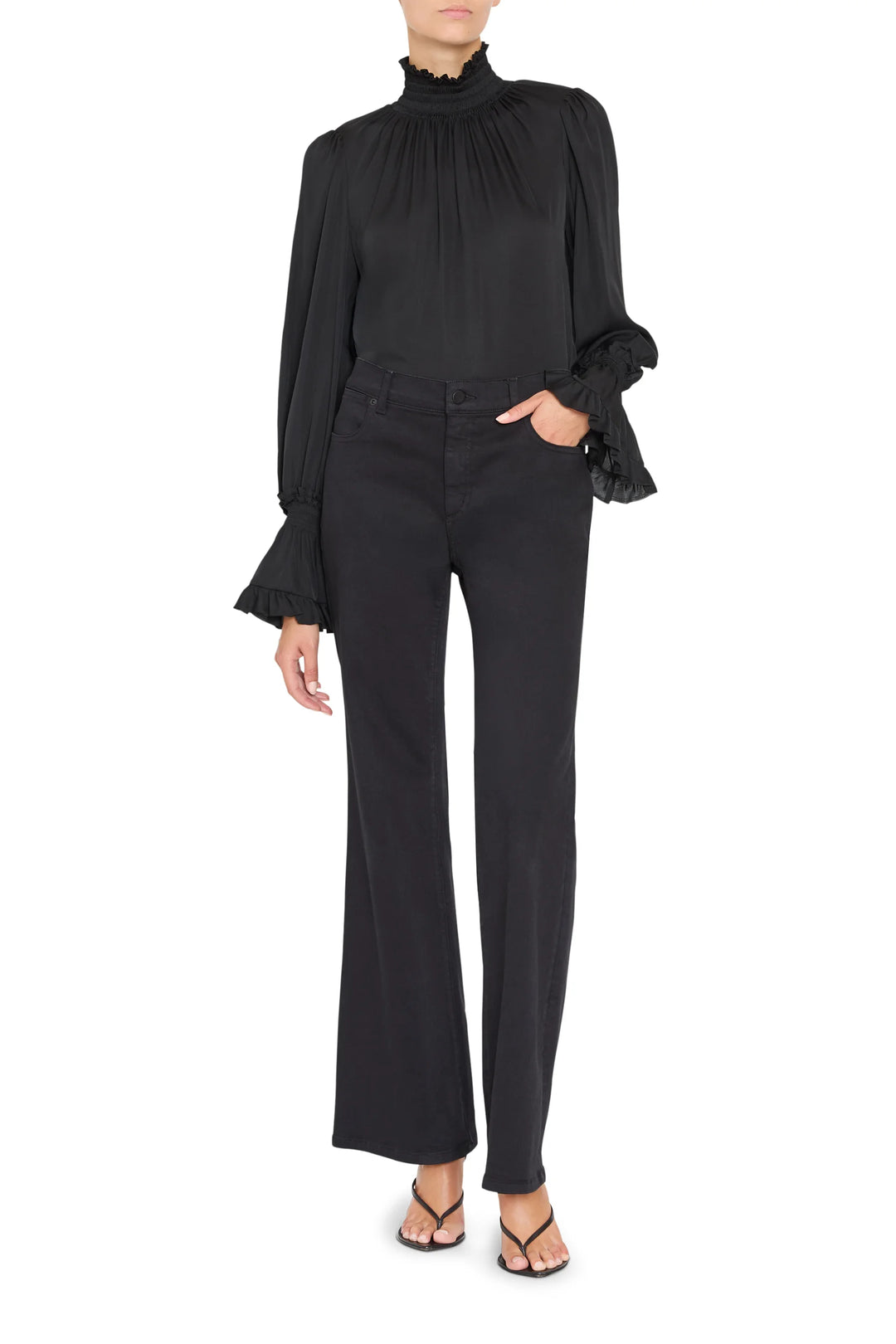 Maxine Silk High Neck Blouse with smocked neckline, long dramatic sleeves, and ruffled cuffs, front view on model.
