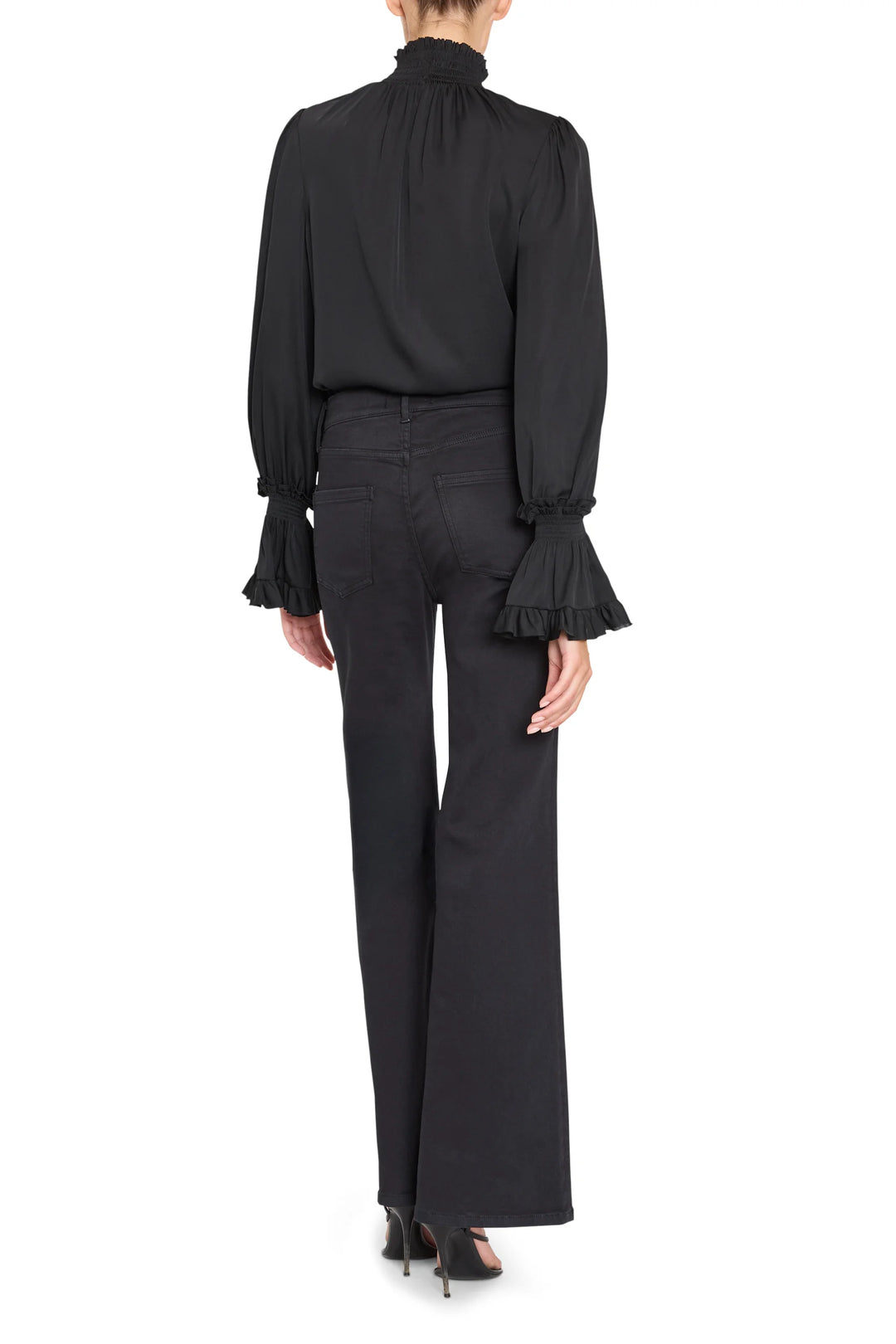 Maxine Silk High Neck Blouse with smocked cuffs, a smocked neckline, and flared sleeves, back view.