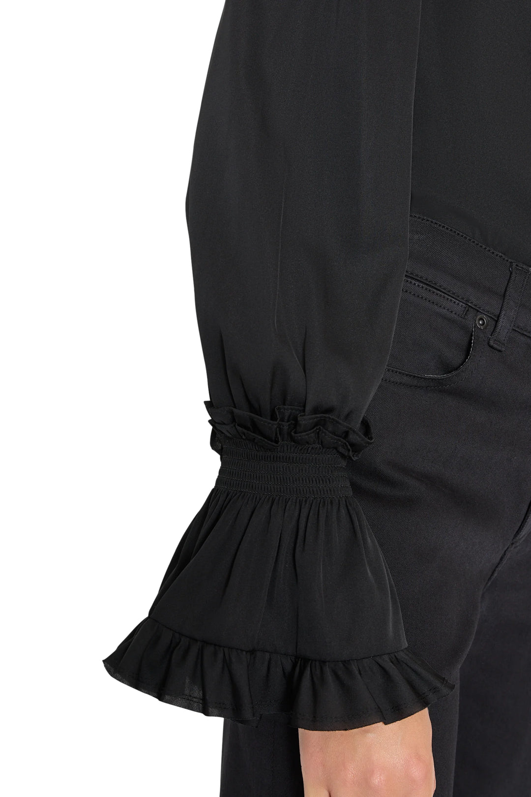 Maxine Silk High Neck Blouse sleeve, featuring a dramatic, ruched and ruffled elastic cuff, detail view.