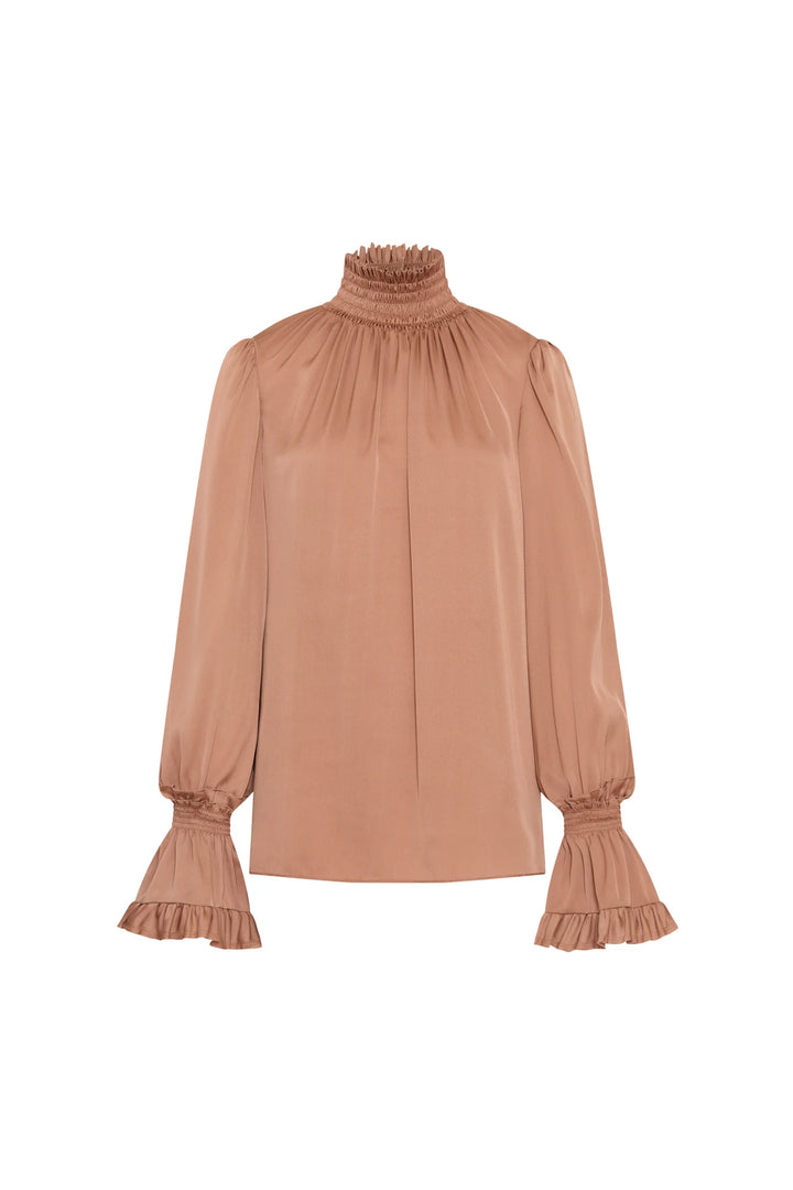 Maxine Silk High Neck Blouse with smocked collar, bishop sleeves, and ruffled cuffs, front view on white.