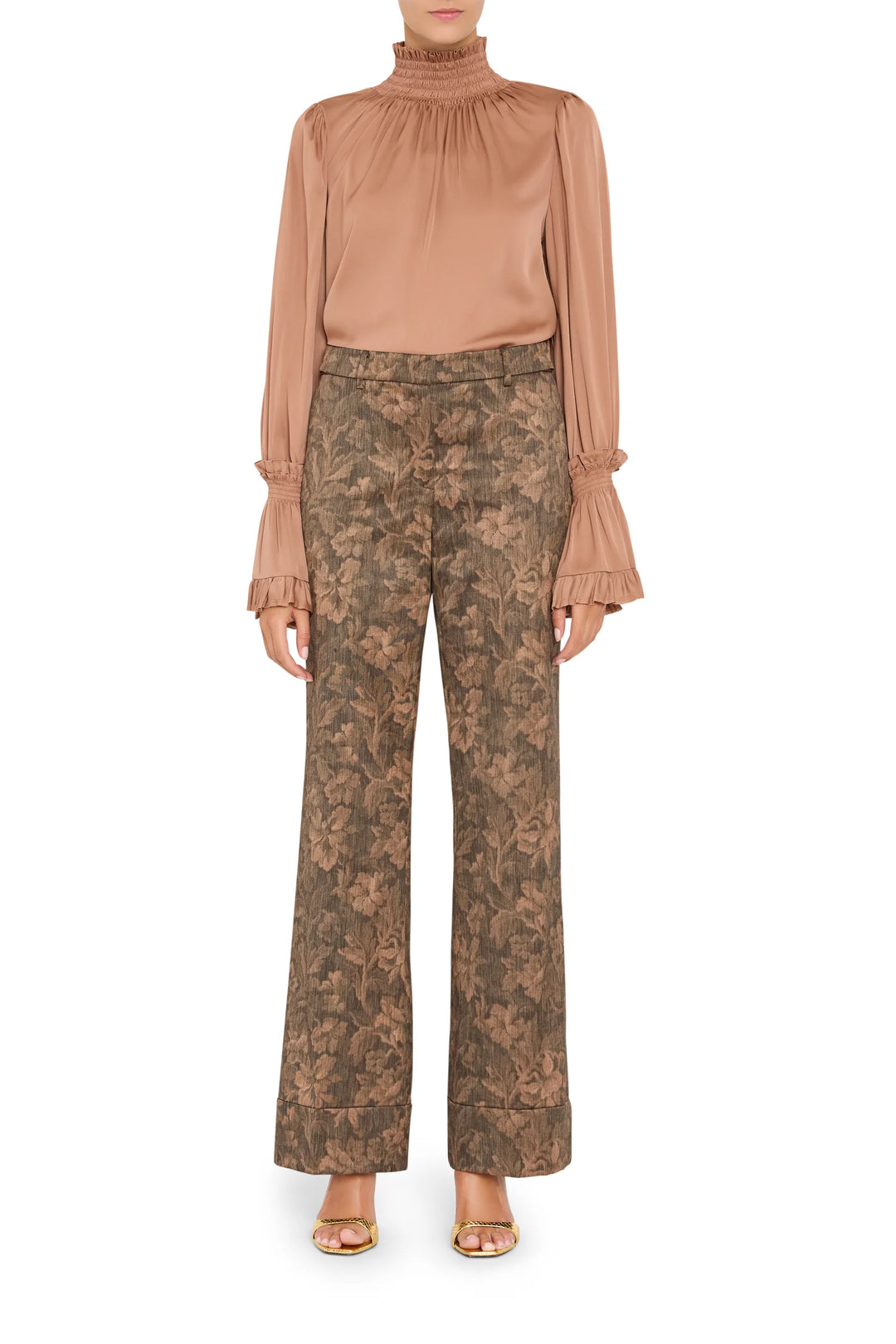 Maxine Silk High Neck Blouse with smocked neckline, shirred yoke, and flared cuffs, front view on model.