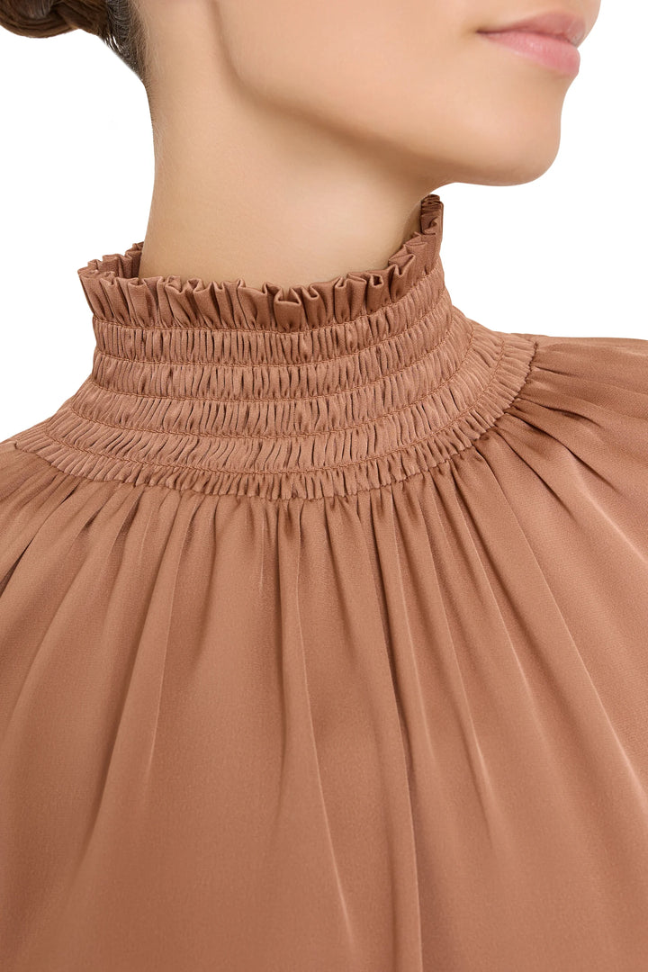 Maxine Silk High Neck Blouse with smocked neckline and dramatic sleeves, detail view.