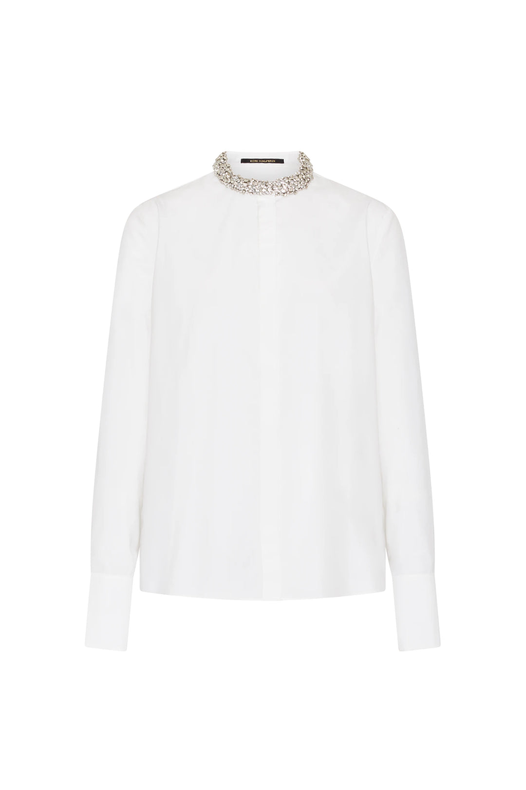 Cotton blouse with crystal-embellished high collar, concealed placket, buttoned cuffs. Front view on white.