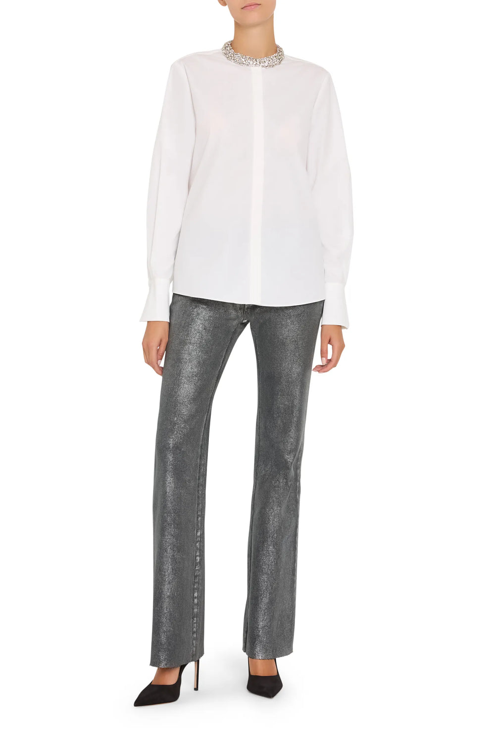 Crisp cotton poplin shirt with structured silhouette, embellished jeweled collar; front view on model.