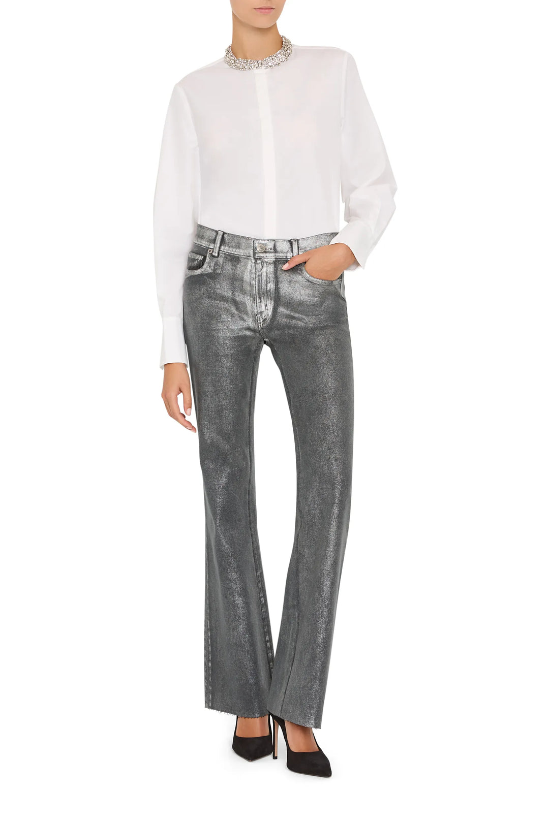 Cotton poplin shirt with embellished collar, relaxed silhouette, button front; front view on white.