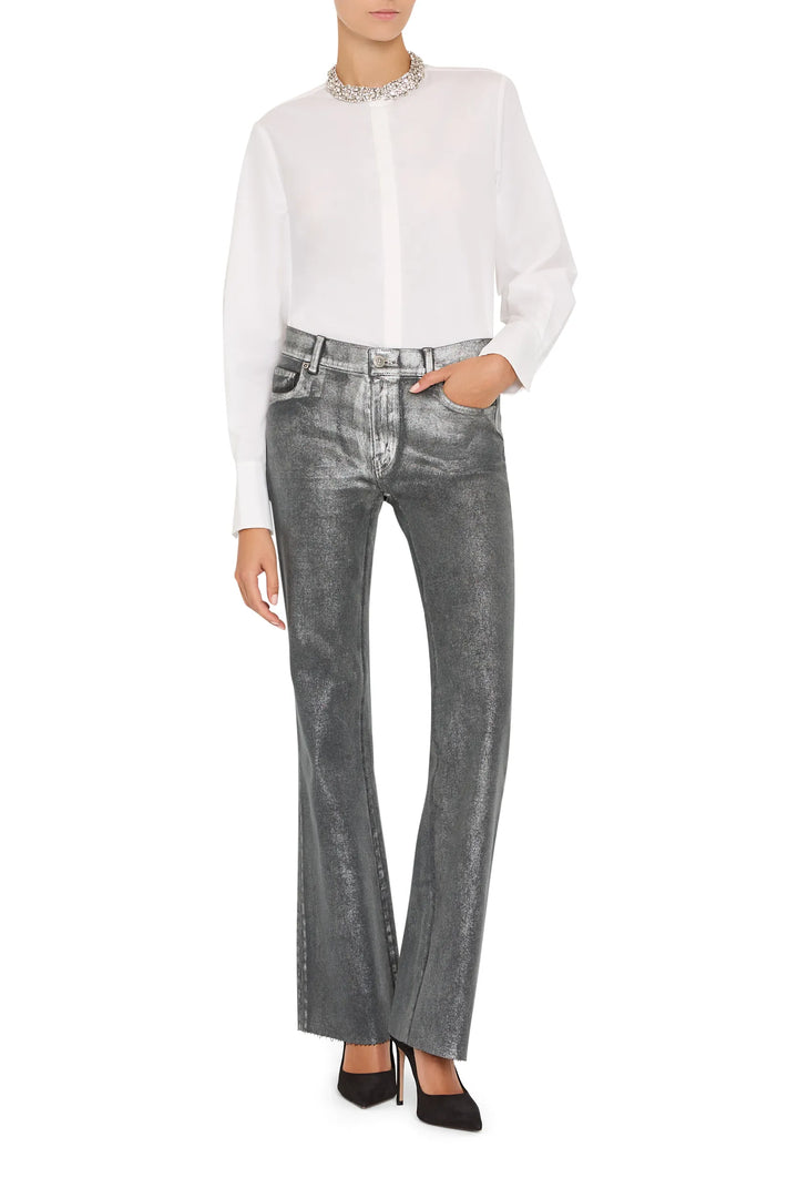 Cotton poplin shirt with embellished collar, relaxed silhouette, button front; front view on white.