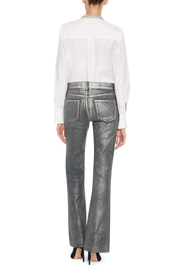 Straight-cut cotton poplin shirt with embellished collar and button placket, back view on model.