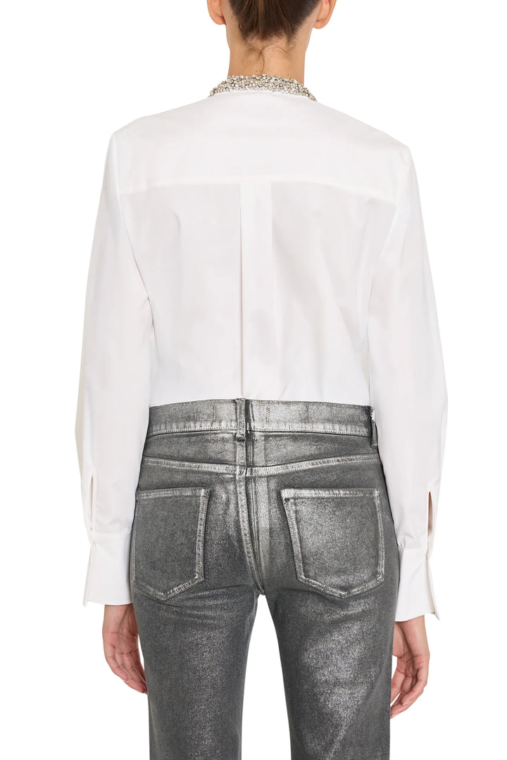 Poplin shirt with relaxed fit, embellished collar detail, and classic cuffs; back view on model.