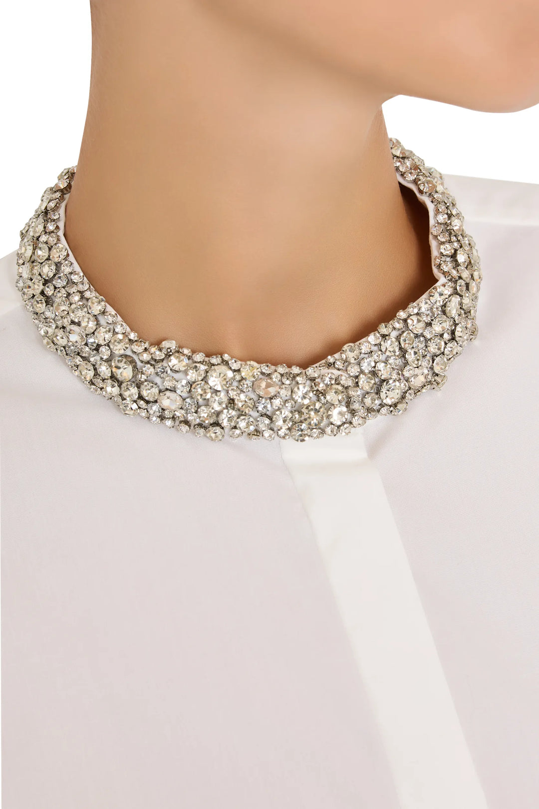 Cotton poplin shirt with wide silhouette and crystal-embellished collar, front view on model.