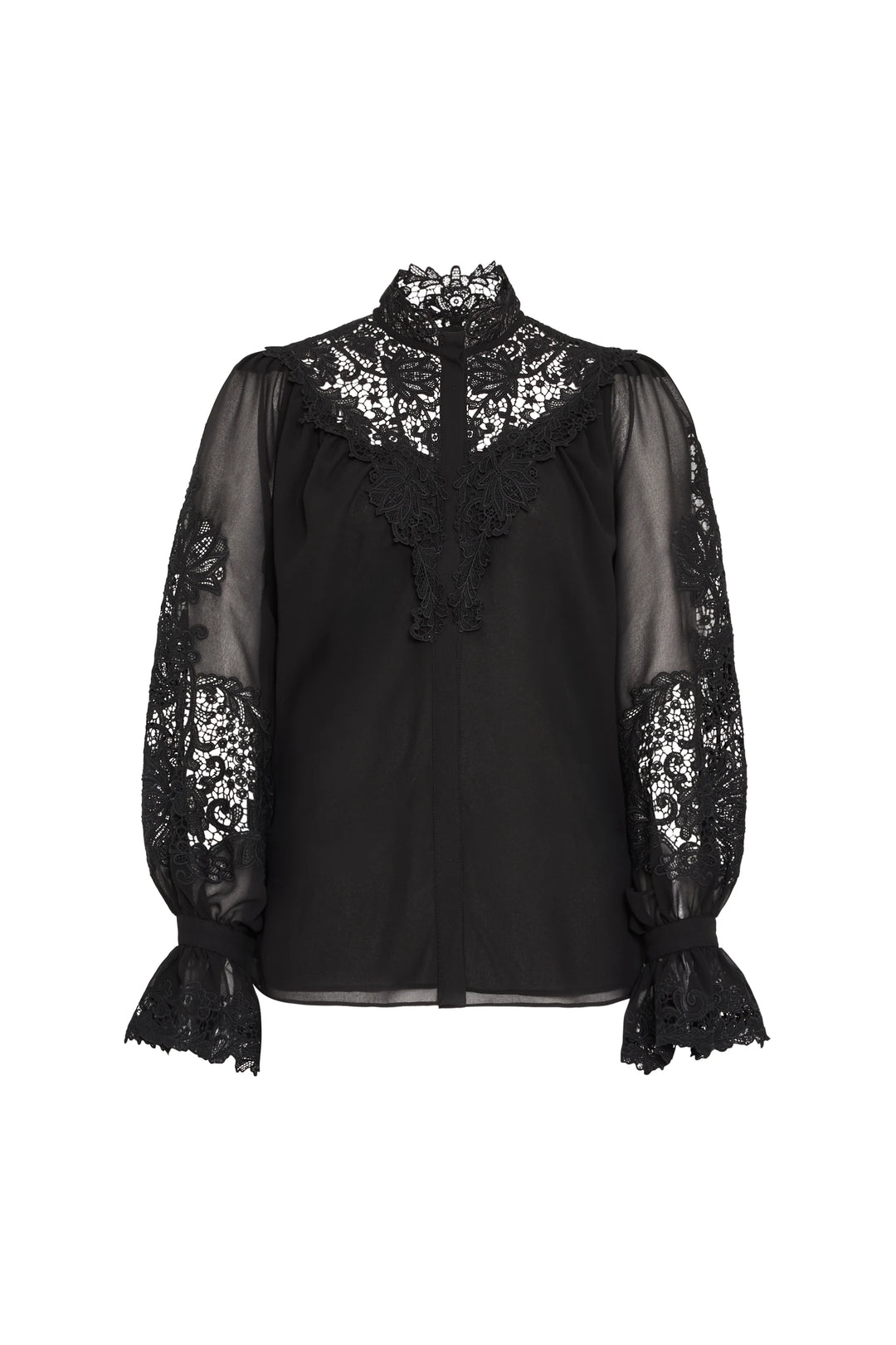 Sheer chiffon blouse with lace trim at sleeves, shoulders, collar, flared cuffs; relaxed fit. Front view on white.