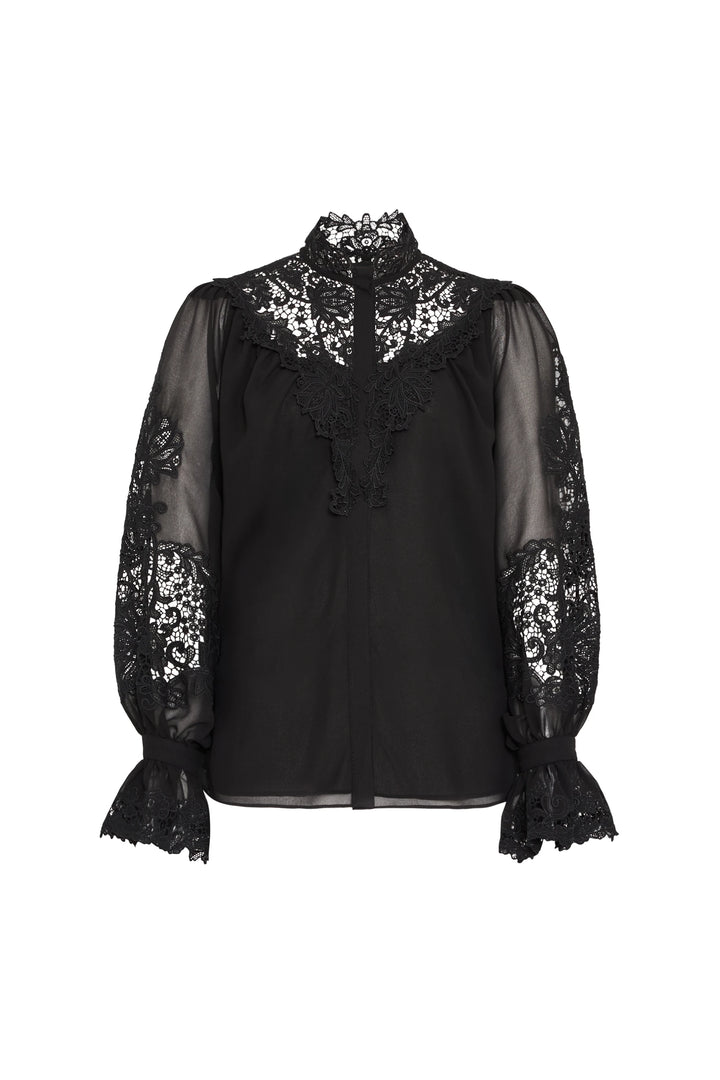 Sheer chiffon blouse with lace trim at sleeves, shoulders, collar, flared cuffs; relaxed fit. Front view on white.