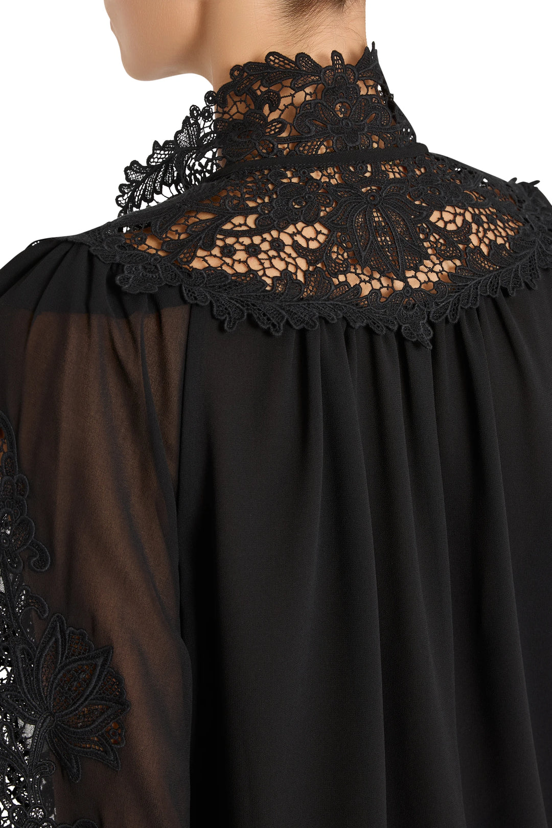 Sheer chiffon blouse with antique-style embroidered collar, yoke, and shoulders, relaxed fit; front view on model.