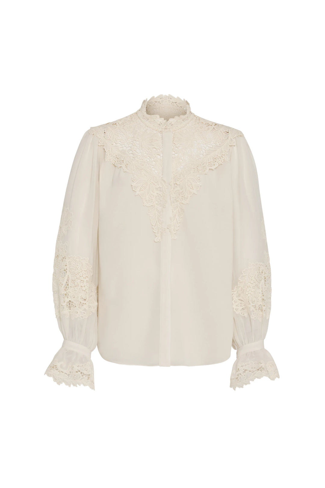 Blouse with relaxed silhouette, lace-embellished shoulders, sleeves, and cuffs, tonal embroidery; front view on white.