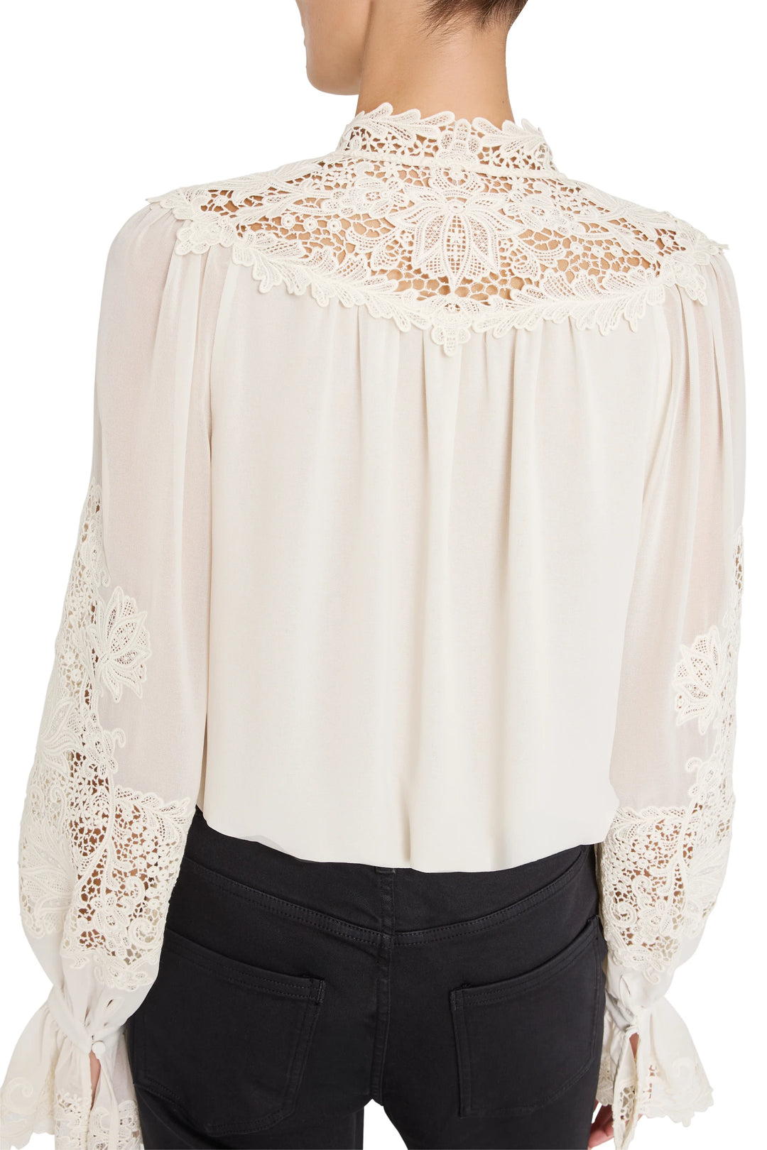 Relaxed-fit blouse with vintage-inspired embroidery, lace details, long sleeves. Front view on model.