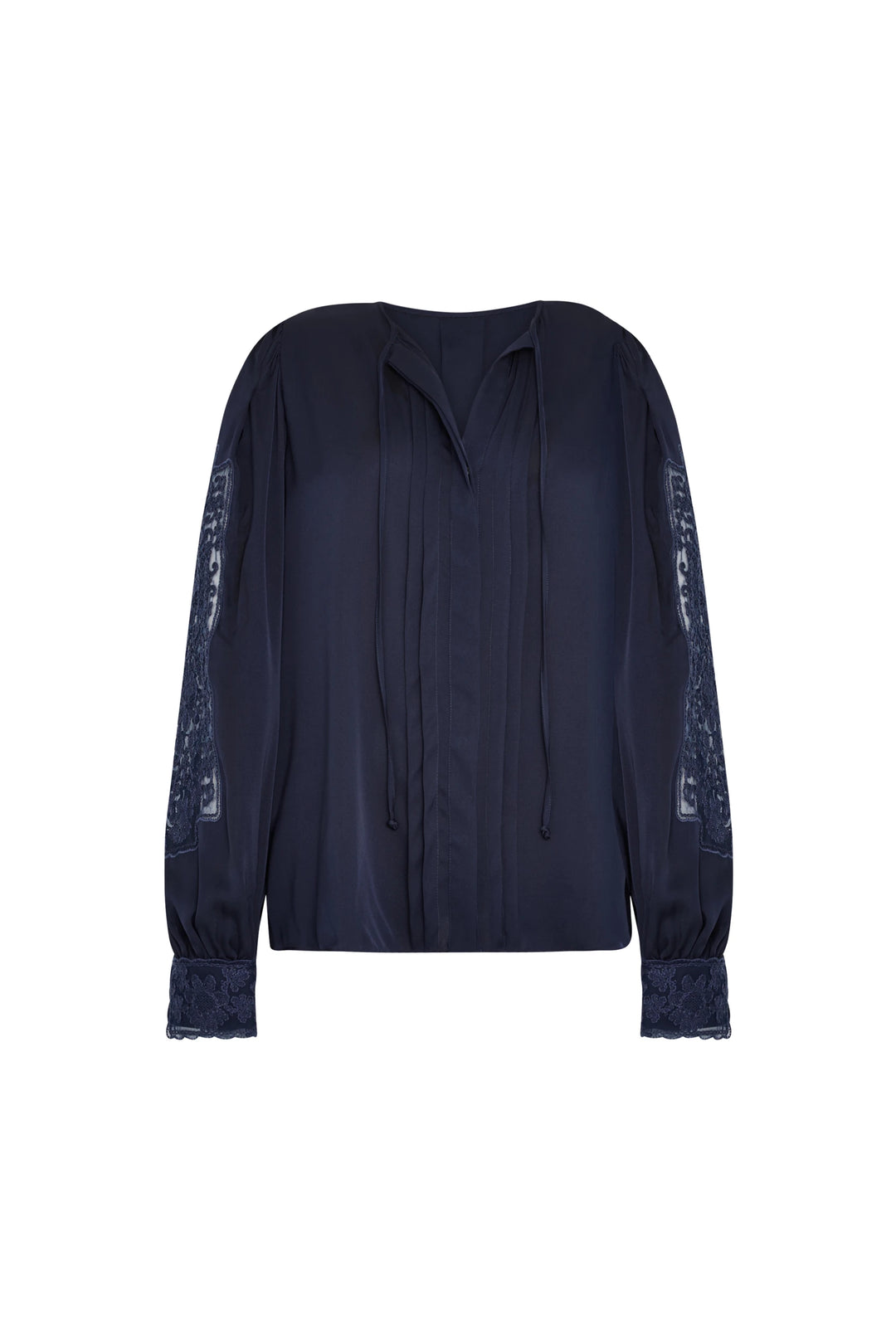 Silk blouse with lace sleeves, tie strings at collar, fluid silhouette in midnight blue. Front view on white.