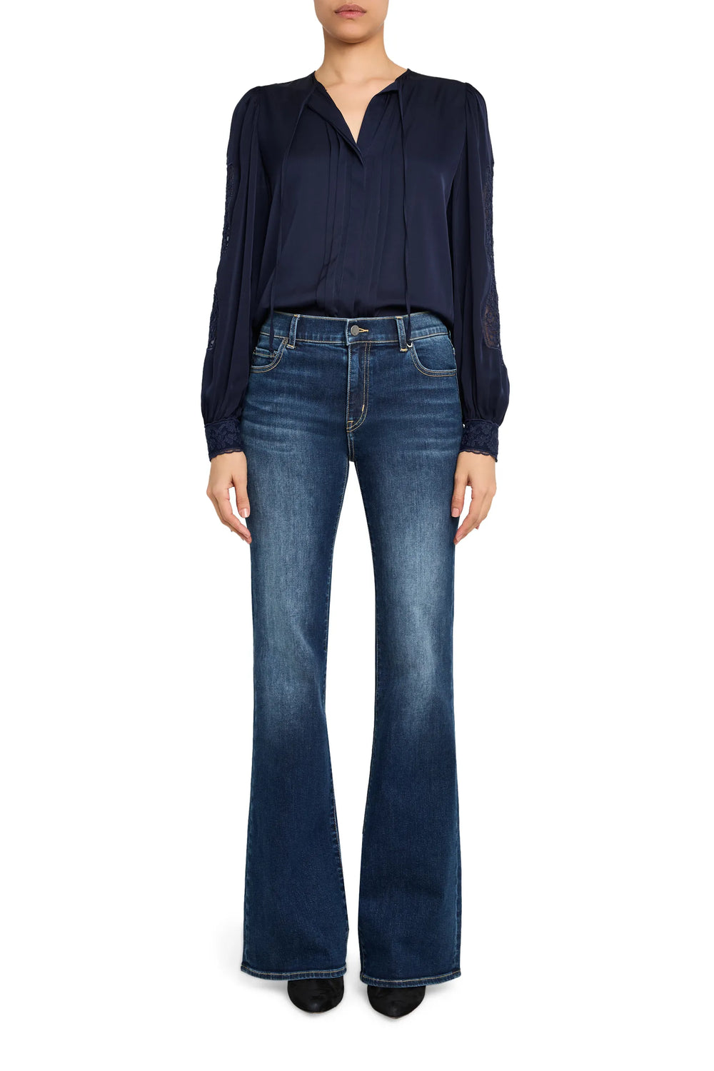 Silk blouse with lace details, long sleeves, relaxed fit, draped silhouette; front view on white.