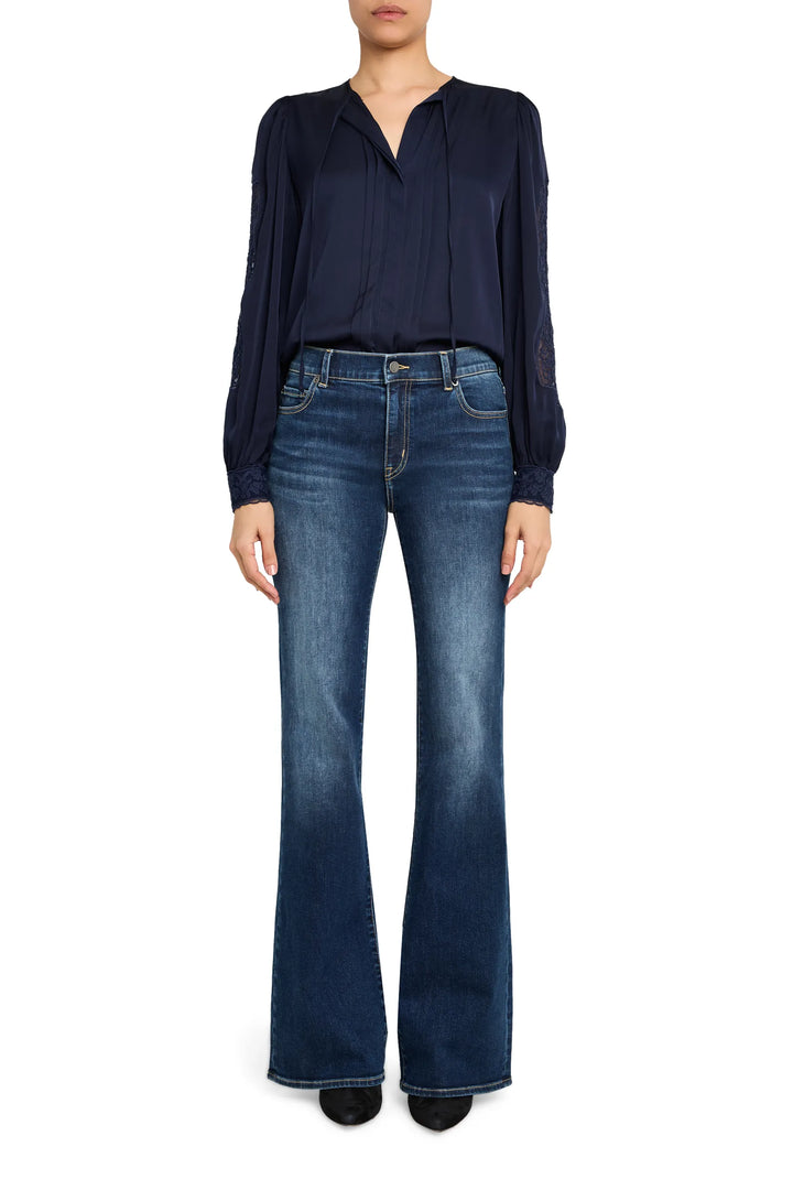 Silk blouse with lace details, long sleeves, relaxed fit, draped silhouette; front view on white.