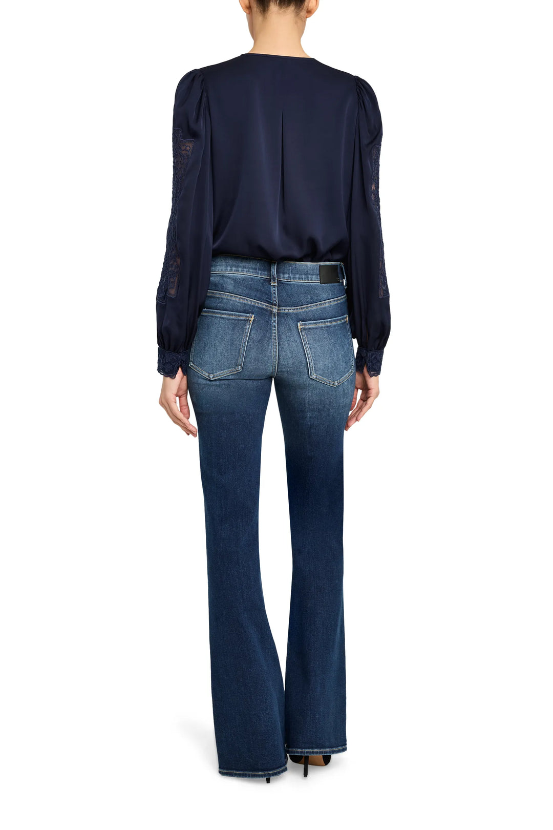 Silk blouse with lace paneling, relaxed fit, long sleeves, back keyhole closure; back view on model.