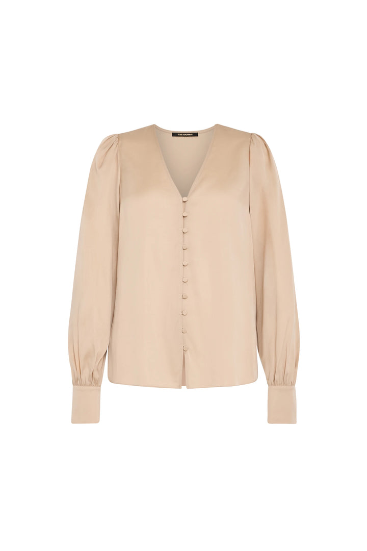 V neck button down blouse in stretch silk with layered tailoring and buttoned cuffs, front view on white.