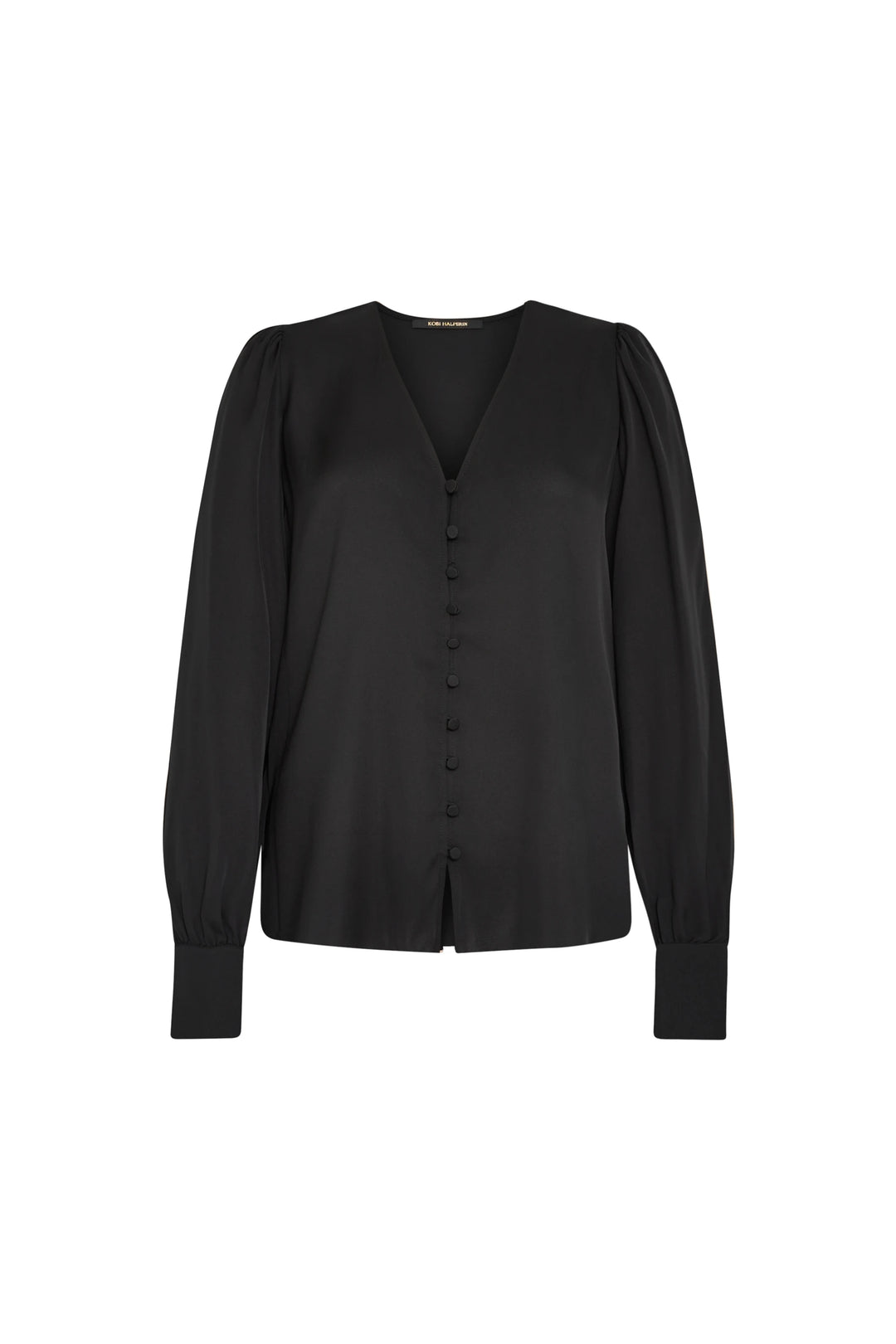 V-neck stretch silk blouse with long sleeves, puffed shoulders, wide cuffs, and button front. Front view on white.