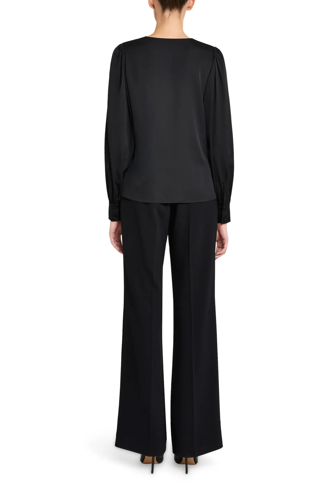 V-neck button down blouse with relaxed fit, long sleeves, and straight hem in fluid fabric; back view on white background.