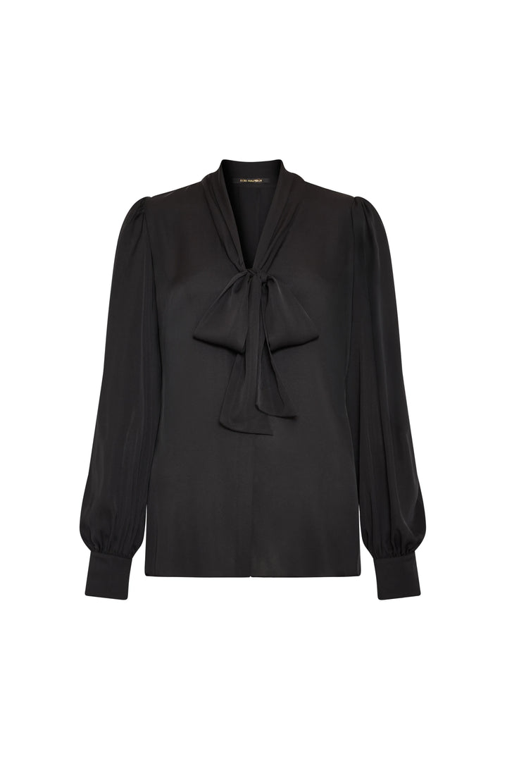 Stretch silk georgette blouse with bow tie neckline, romantic fit, and buttoned cuffs; front view on white.