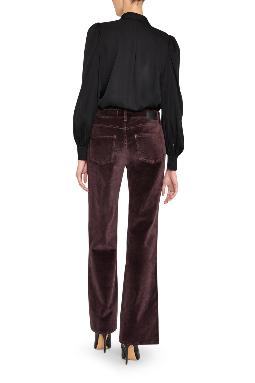Stretch silk georgette blouse with relaxed silhouette and elegant drape, back view on model.