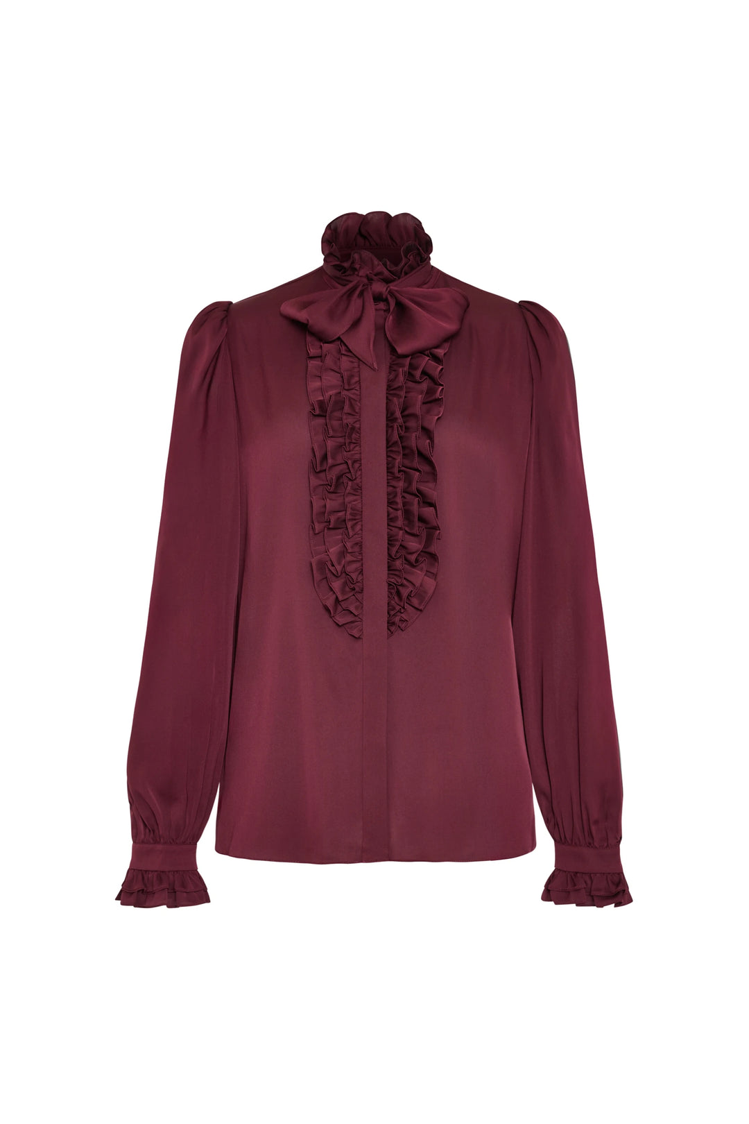 Silk-blend blouse with ruffled front, handkerchief tie neck, ruffled cuffs, fluid silhouette; front view on white.