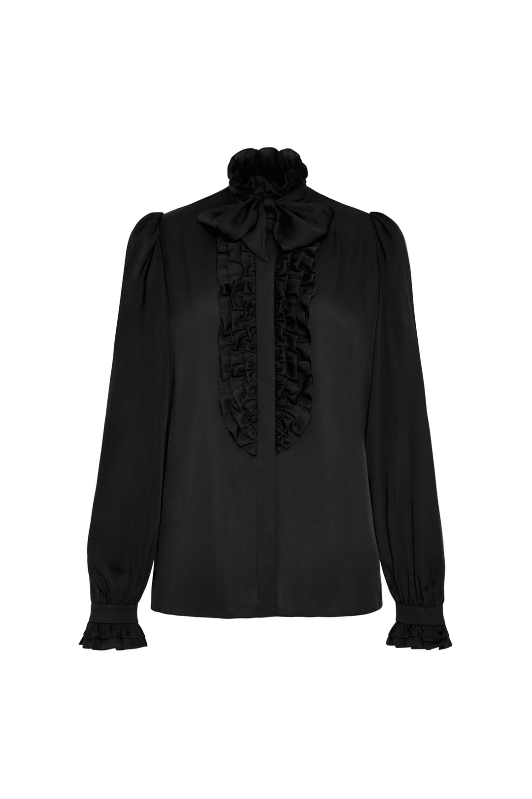 Black stretch silk blouse with long sleeves, ruffled cuffs, and bow-tied ruffle neckline. Front view on white.
