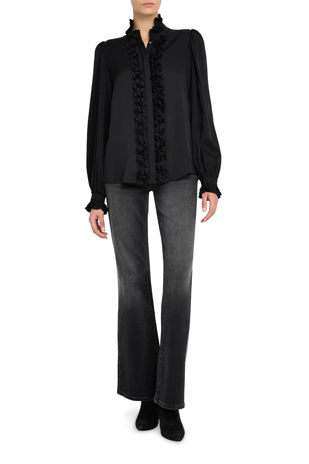Silk ruffle blouse with pleated front, long sleeves, and cuffed wrists. Front view on white.
