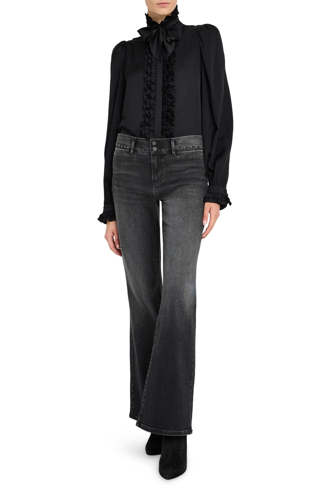 Relaxed-fit silk blouse with ruffled front placket, gathered cuffs, and stand collar. Front view on white.