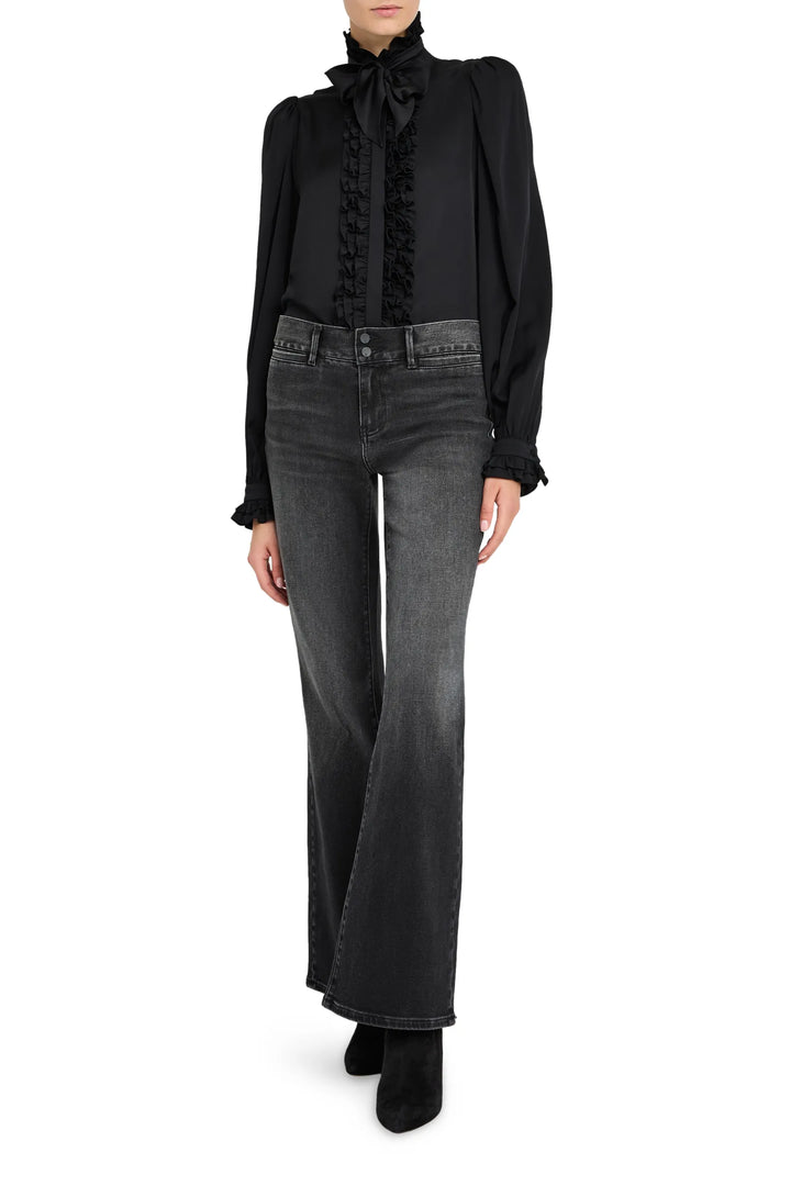 Relaxed-fit silk blouse with ruffled front placket, gathered cuffs, and stand collar. Front view on white.