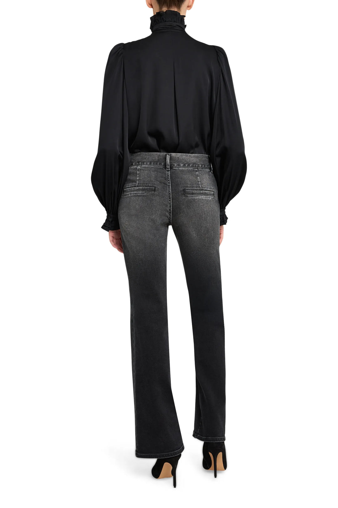 Silk blouse with ruffled detailing, relaxed silhouette, long sleeves; back view on model.