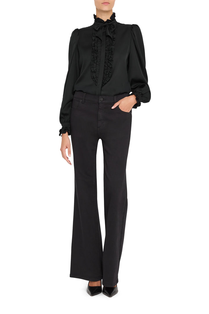 Silk ruffle blouse with gathered front detail and fluid drape, structured collar; front view on model.
