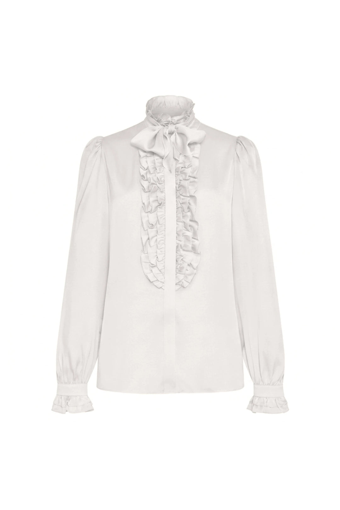 Silk blouse with ruffled high neck, bow tie, buttoned cuffs, and long sleeves. Front view on white.
