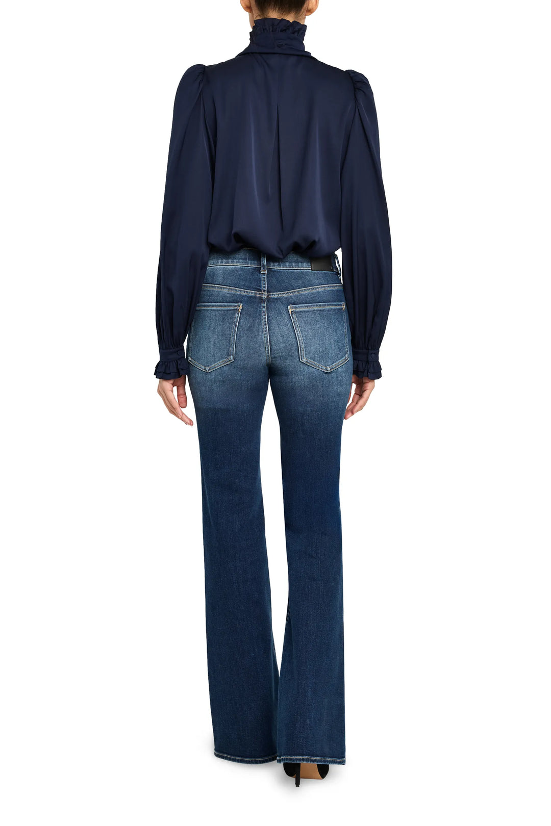 Silk blouse with ruffled trim, long sleeves, fluid fit, keyhole back; back view on white.