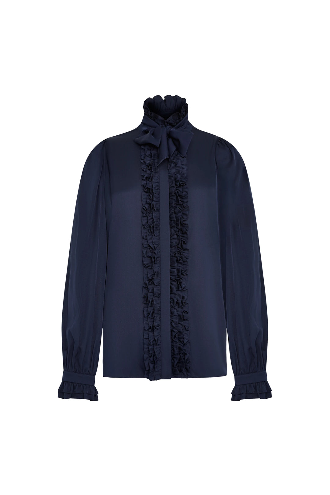 Silk blouse with high neck bow, ruffled front, long sleeves with ruffled cuffs. Front view on white.