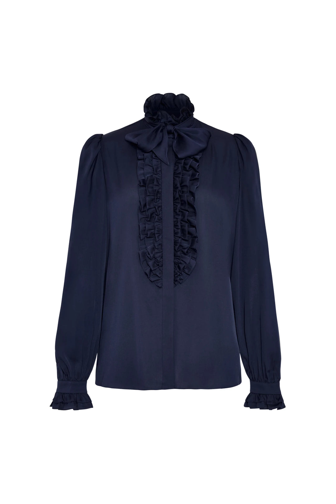 Long sleeve navy stretch silk blouse with ruffled front, high neck bow, ruffle cuffs; front view on white.